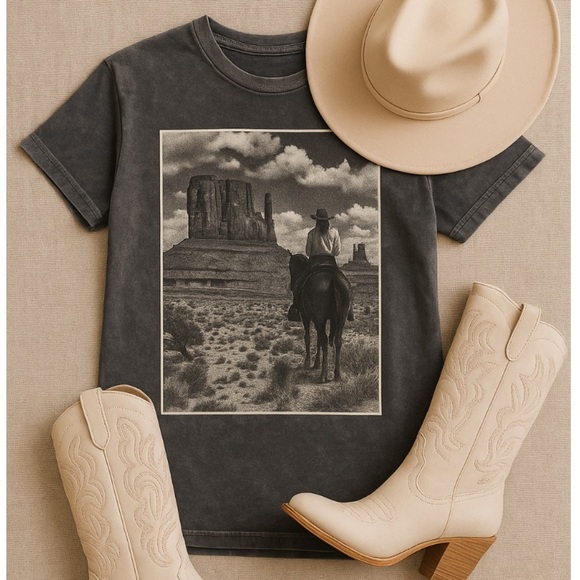 West of Melrose Grey Distressed Western Graphic Cowboy Desert T-Shirt - Picture 5 of 11